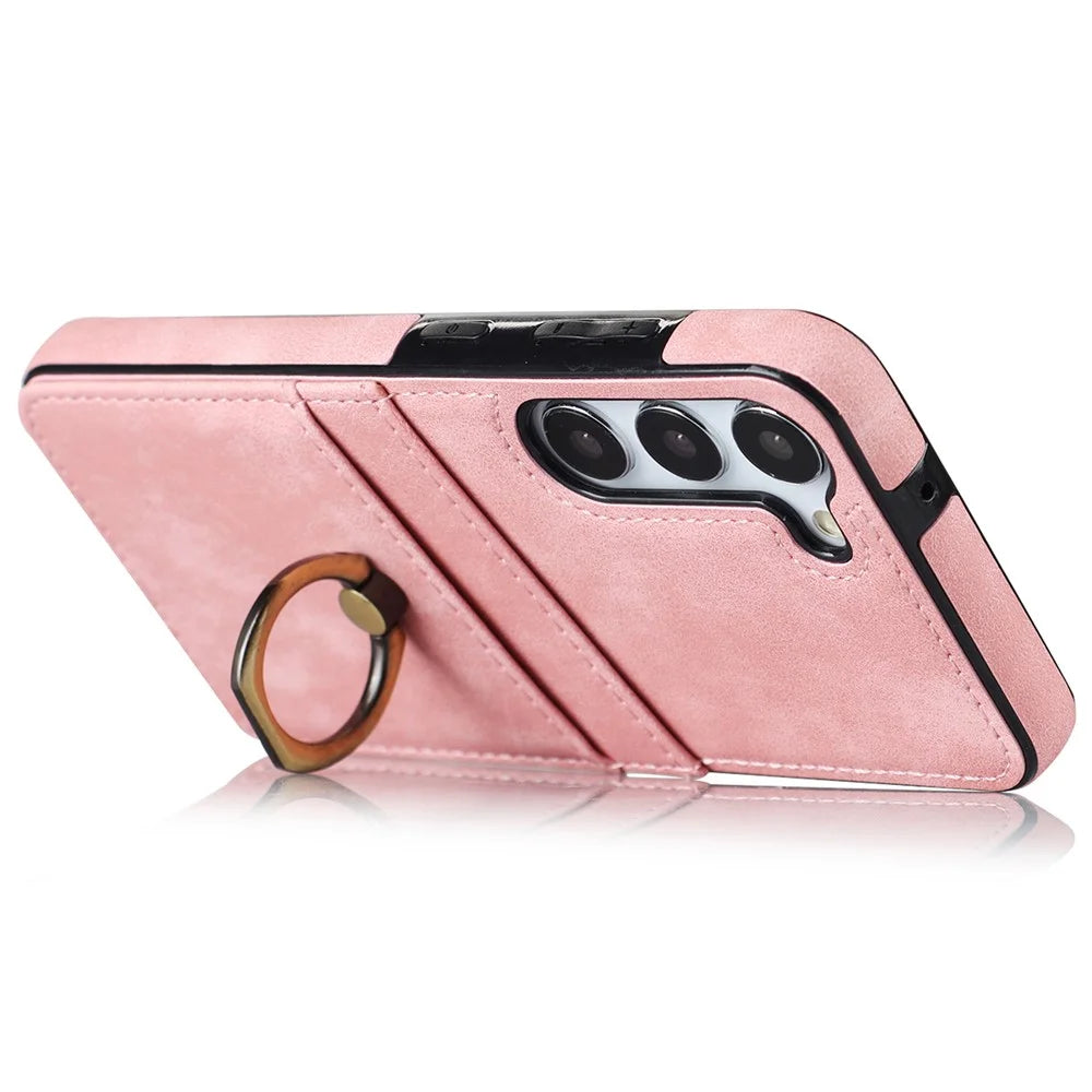 For Samsung Galaxy S24 Case PU Leather Coated TPU Retro Card Slots Phone Cover - Pink - 3