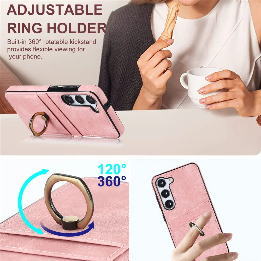For Samsung Galaxy S24 Case PU Leather Coated TPU Retro Card Slots Phone Cover - Pink - 4