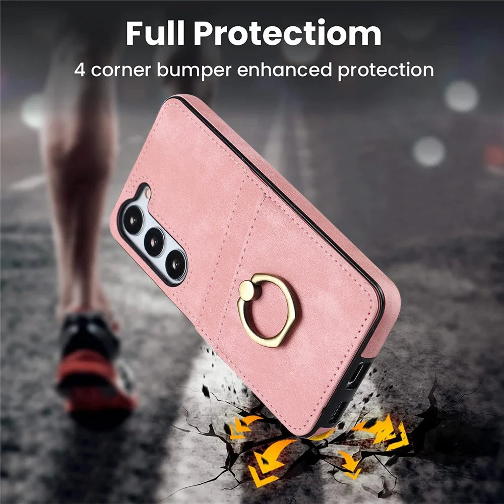 For Samsung Galaxy S24 Case PU Leather Coated TPU Retro Card Slots Phone Cover - Pink - 5