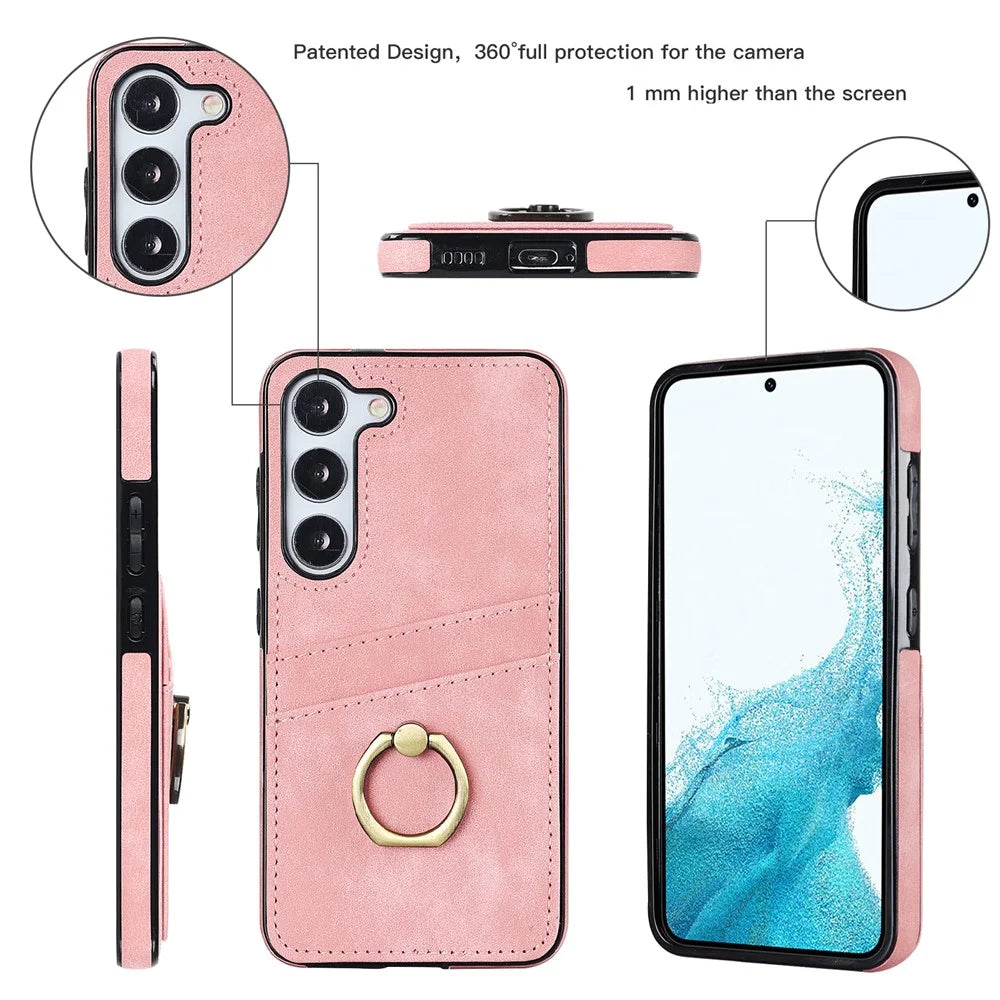 For Samsung Galaxy S24 Case PU Leather Coated TPU Retro Card Slots Phone Cover - Pink - 6