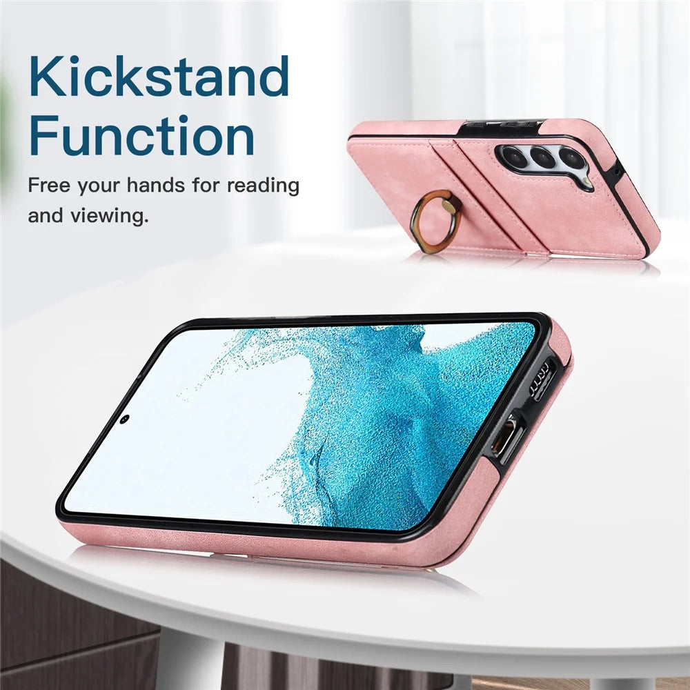 For Samsung Galaxy S24 Case PU Leather Coated TPU Retro Card Slots Phone Cover - Pink - 7
