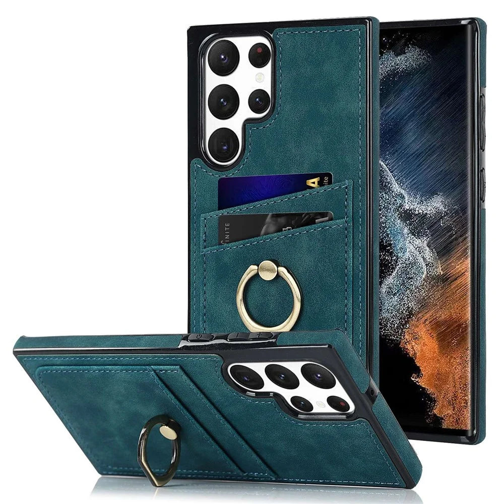 For Samsung Galaxy S24 Ultra Cell Phone Case Ring Kickstand PU Leather Coated TPU Cover - Green - 1