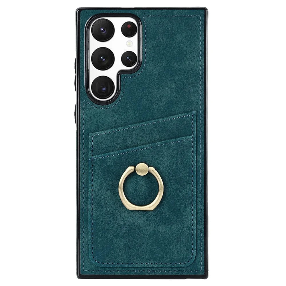 For Samsung Galaxy S24 Ultra Cell Phone Case Ring Kickstand PU Leather Coated TPU Cover - Green - 2