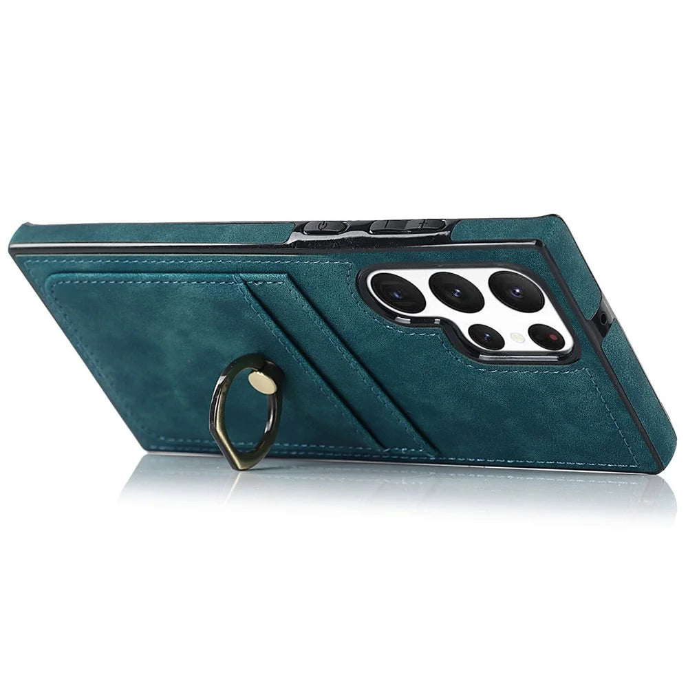 For Samsung Galaxy S24 Ultra Cell Phone Case Ring Kickstand PU Leather Coated TPU Cover - Green - 3