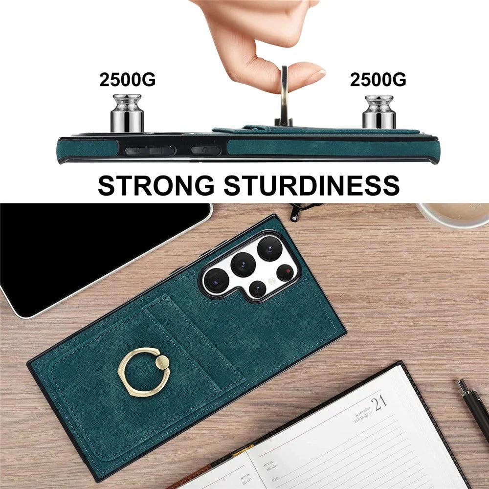 For Samsung Galaxy S24 Ultra Cell Phone Case Ring Kickstand PU Leather Coated TPU Cover - Green - 4