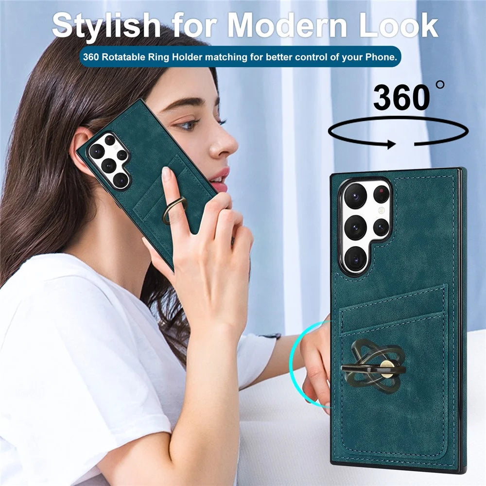 For Samsung Galaxy S24 Ultra Cell Phone Case Ring Kickstand PU Leather Coated TPU Cover - Green - 5