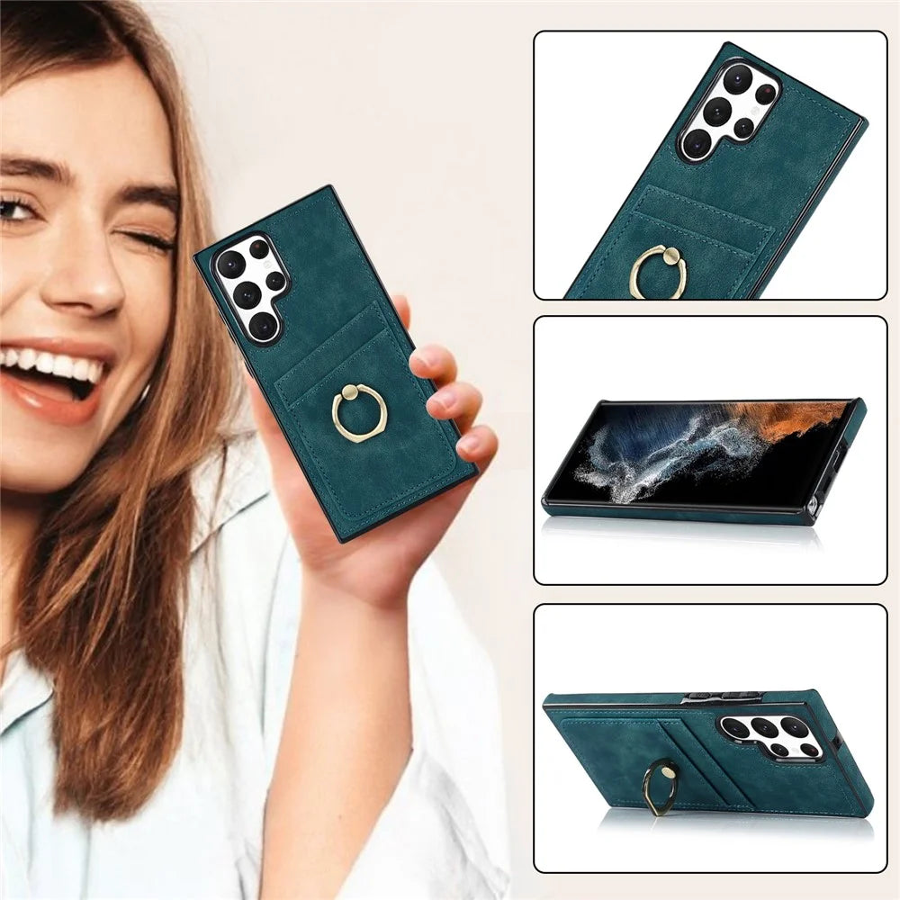 For Samsung Galaxy S24 Ultra Cell Phone Case Ring Kickstand PU Leather Coated TPU Cover - Green - 6