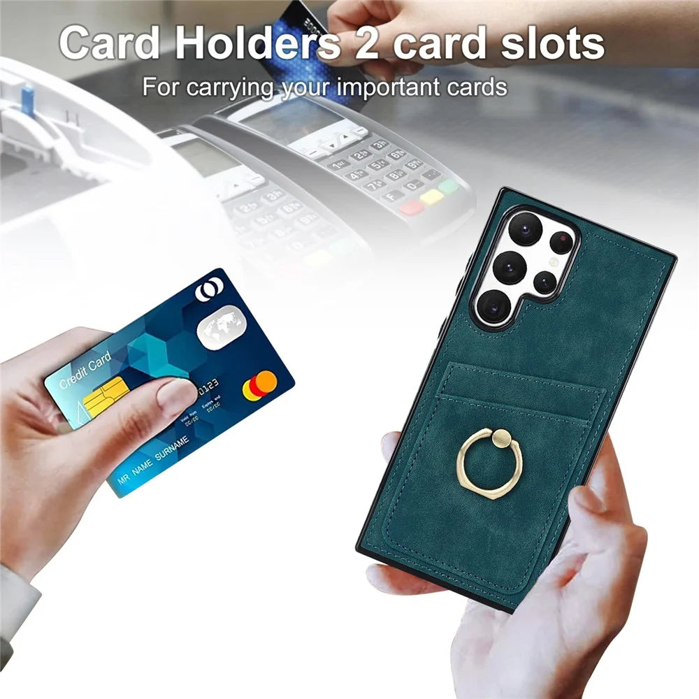 For Samsung Galaxy S24 Ultra Cell Phone Case Ring Kickstand PU Leather Coated TPU Cover - Green - 7