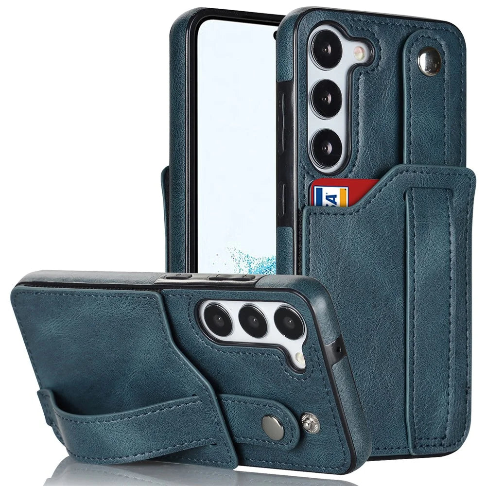 For Samsung Galaxy S24+ Case Retro PU Leather Coated TPU Wristband Kickstand Phone Shell - Blue - 1
