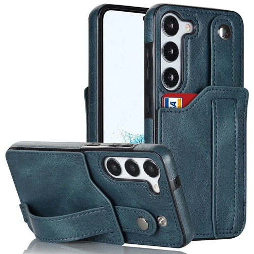 For Samsung Galaxy S24+ Case Retro PU Leather Coated TPU Wristband Kickstand Phone Shell - Blue - 1
