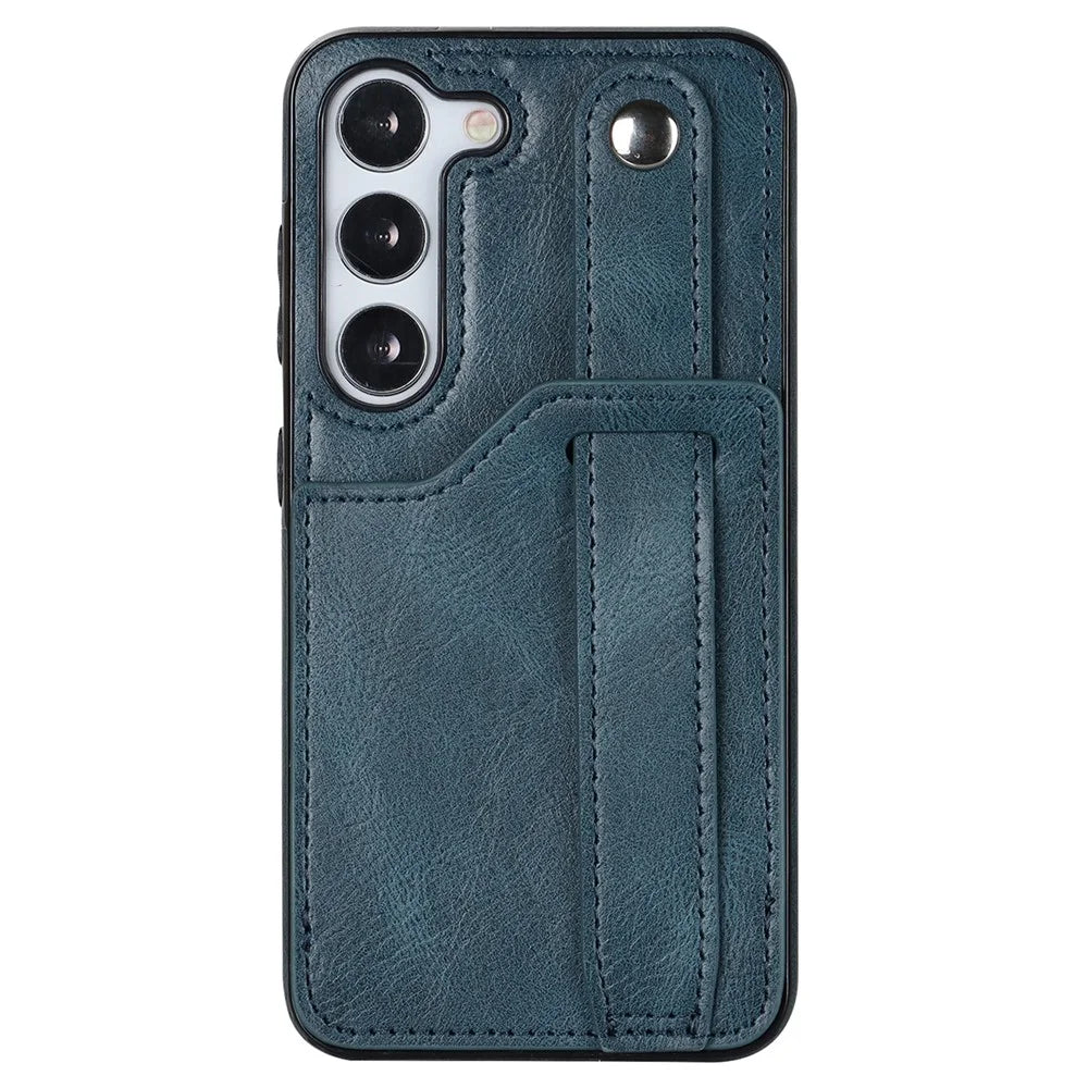 For Samsung Galaxy S24+ Case Retro PU Leather Coated TPU Wristband Kickstand Phone Shell - Blue - 2