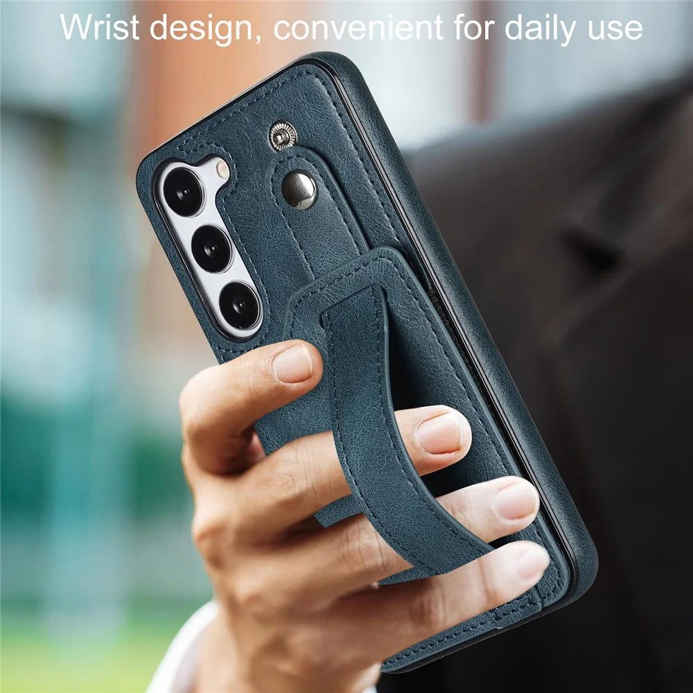 For Samsung Galaxy S24+ Case Retro PU Leather Coated TPU Wristband Kickstand Phone Shell - Blue - 4