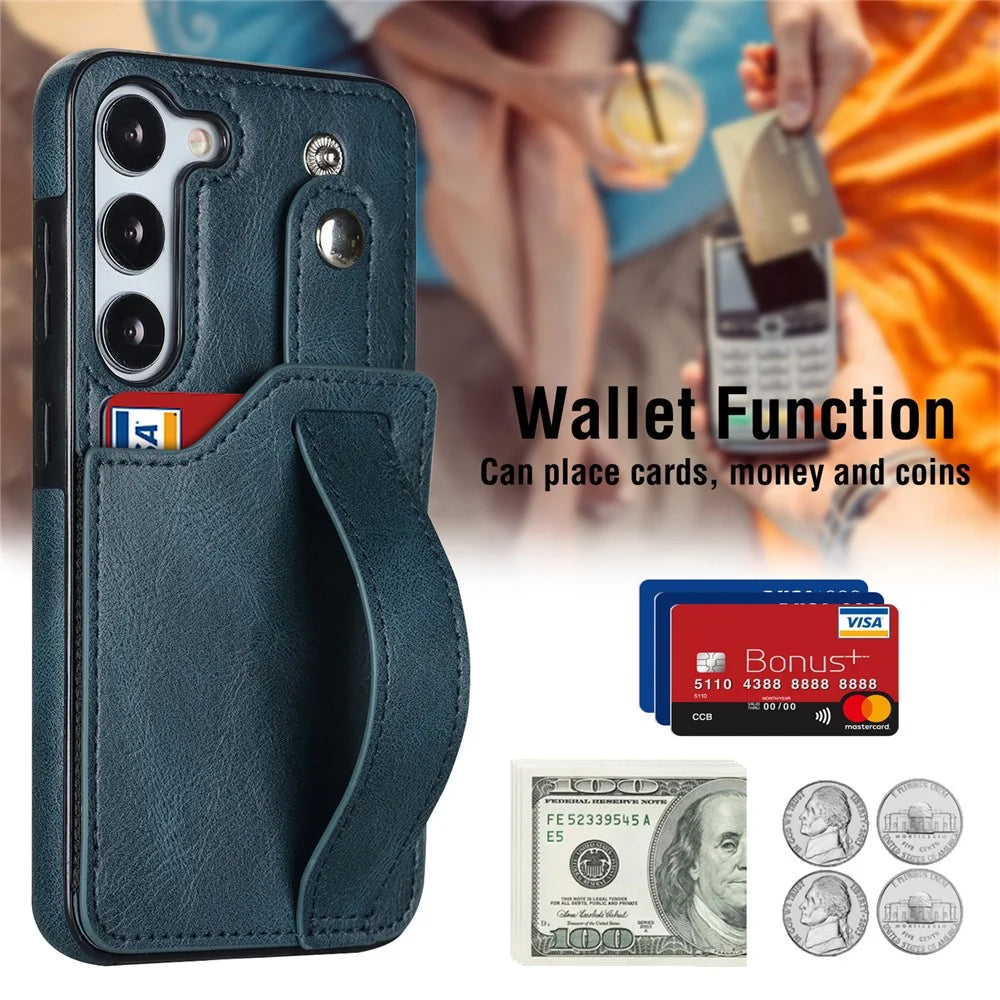 For Samsung Galaxy S24+ Case Retro PU Leather Coated TPU Wristband Kickstand Phone Shell - Blue - 5