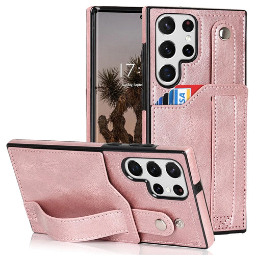 PU Leather Case for Samsung Galaxy S24 Ultra Shell Retro RFID Blocking Wristband Phone Cover - Rose Gold - 1