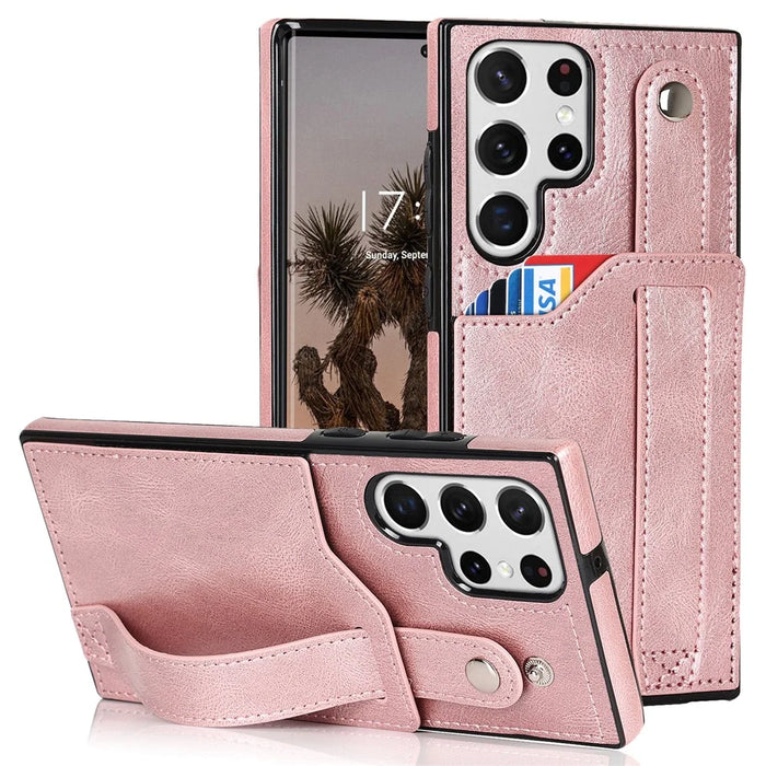 PU Leather Case for Samsung Galaxy S24 Ultra Shell Retro RFID Blocking Wristband Phone Cover - Rose Gold - 1