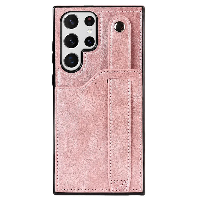 PU Leather Case for Samsung Galaxy S24 Ultra Shell Retro RFID Blocking Wristband Phone Cover - Rose Gold - 2