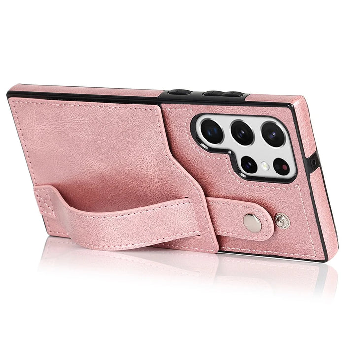 PU Leather Case for Samsung Galaxy S24 Ultra Shell Retro RFID Blocking Wristband Phone Cover - Rose Gold - 3