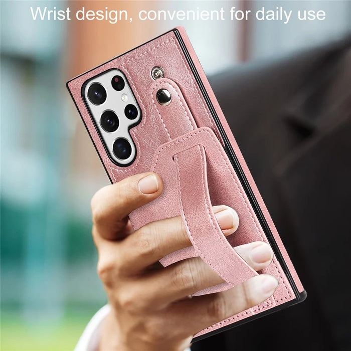 PU Leather Case for Samsung Galaxy S24 Ultra Shell Retro RFID Blocking Wristband Phone Cover - Rose Gold - 4