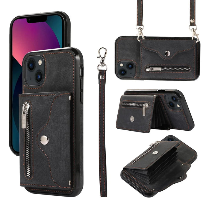 For iPhone 13 6.1 inch Cell Phone Case PU Leather+TPU Card Bag Drop-proof Cover with 2 Straps - Black - 1
