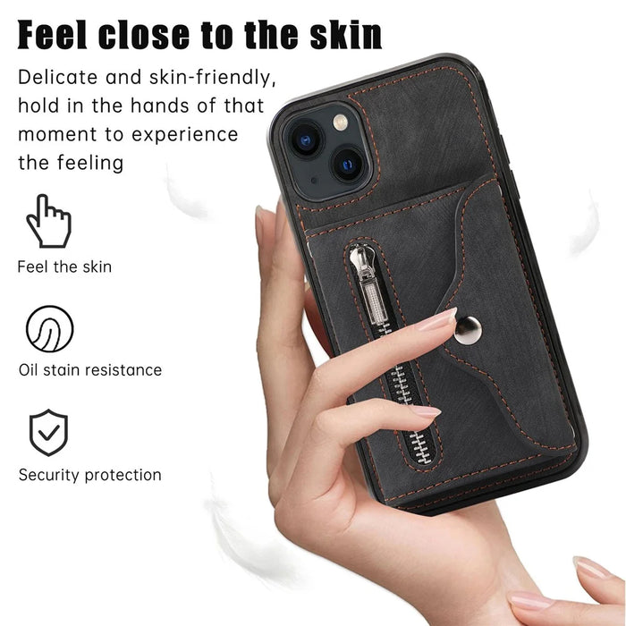 For iPhone 13 6.1 inch Cell Phone Case PU Leather+TPU Card Bag Drop-proof Cover with 2 Straps - Black - 4