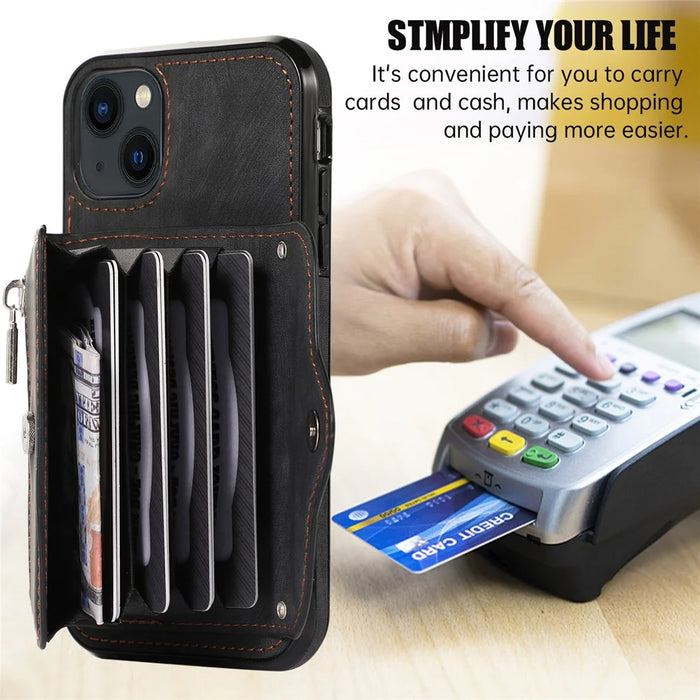 For iPhone 13 6.1 inch Cell Phone Case PU Leather+TPU Card Bag Drop-proof Cover with 2 Straps - Black - 6