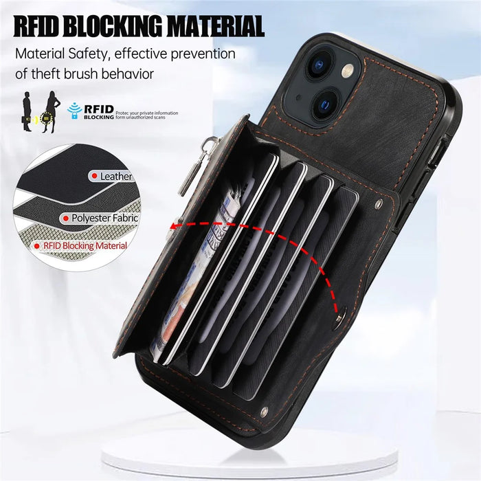 For iPhone 13 6.1 inch Cell Phone Case PU Leather+TPU Card Bag Drop-proof Cover with 2 Straps - Black - 7