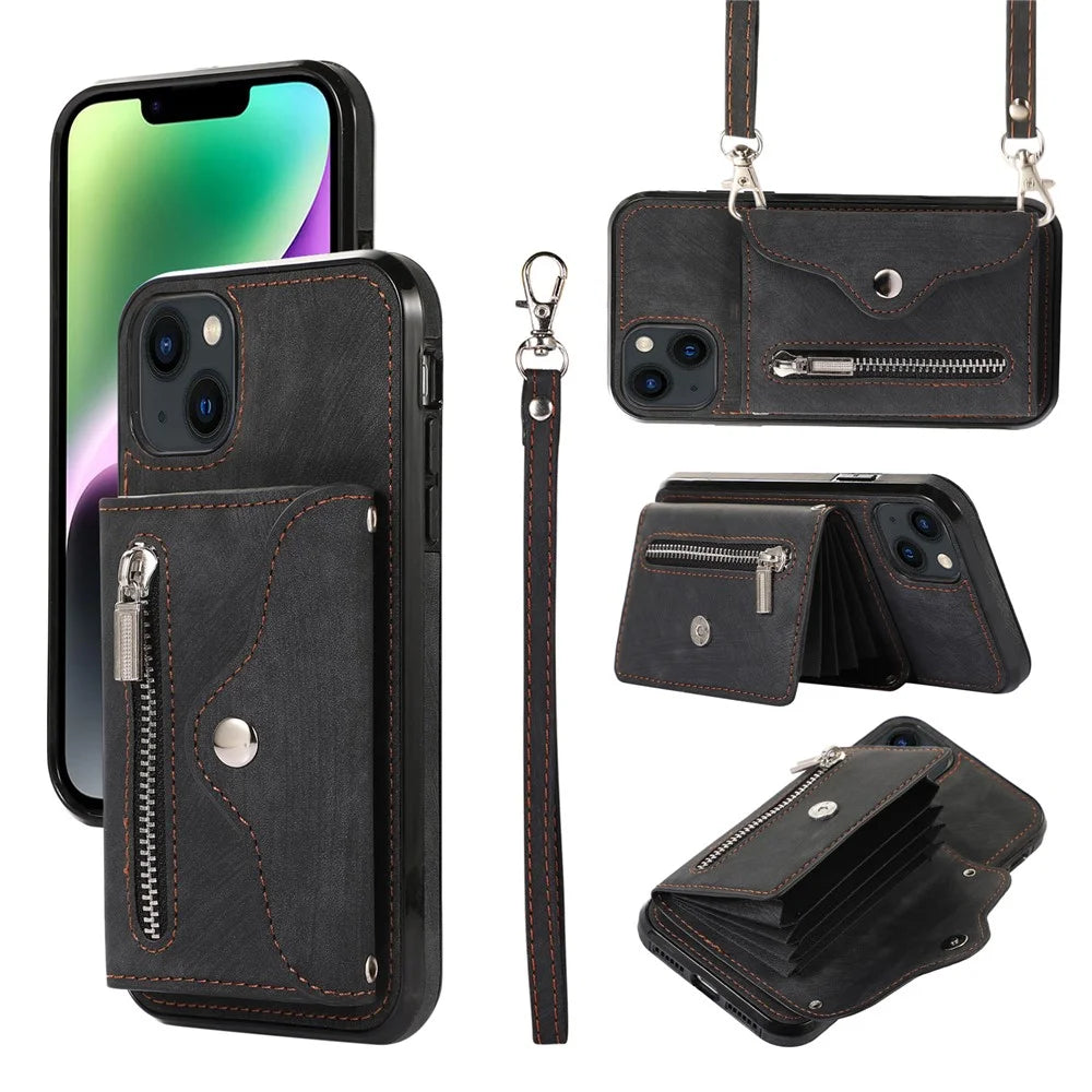 For iPhone 14 Case Zipper Pocket Card Holder RFID Blocking PU Leather + TPU Phone Cover with 2 Straps - Black - 1