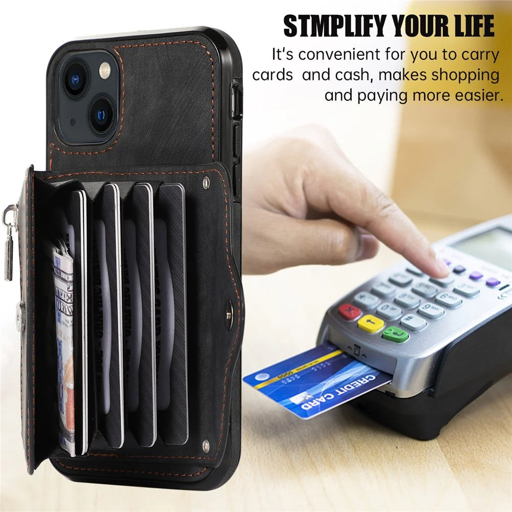 For iPhone 14 Case Zipper Pocket Card Holder RFID Blocking PU Leather + TPU Phone Cover with 2 Straps - Black - 6