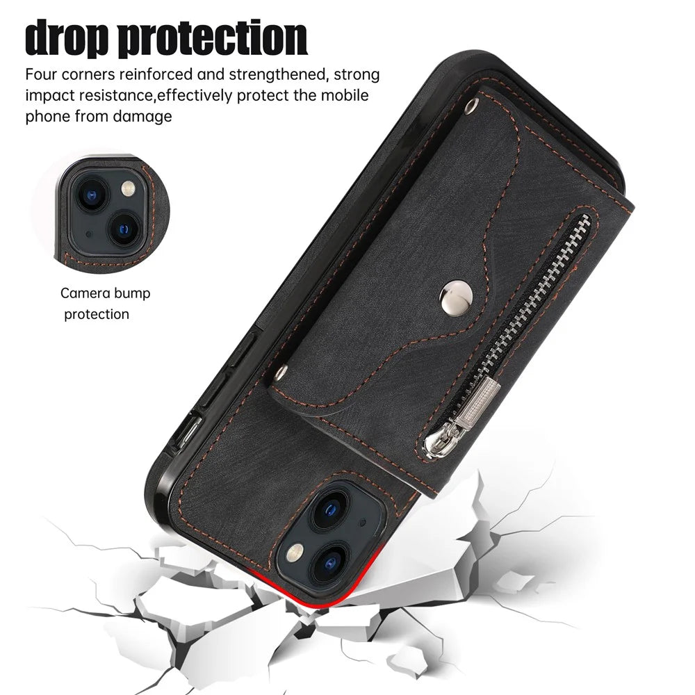 For iPhone 14 Plus Cell Phone Case PU Leather+TPU RFID Blocking Card Slots Cover with 2 Straps - Black - 5