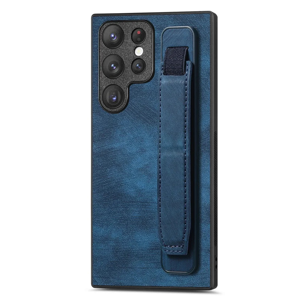 D11 For Samsung Galaxy S22 Ultra 5G Case Wristband Kickstand Leather Coated TPU Protective Cover - Blue - 1