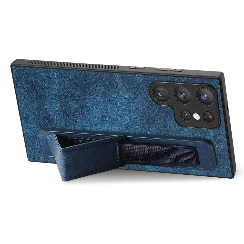 D11 For Samsung Galaxy S22 Ultra 5G Case Wristband Kickstand Leather Coated TPU Protective Cover - Blue - 2