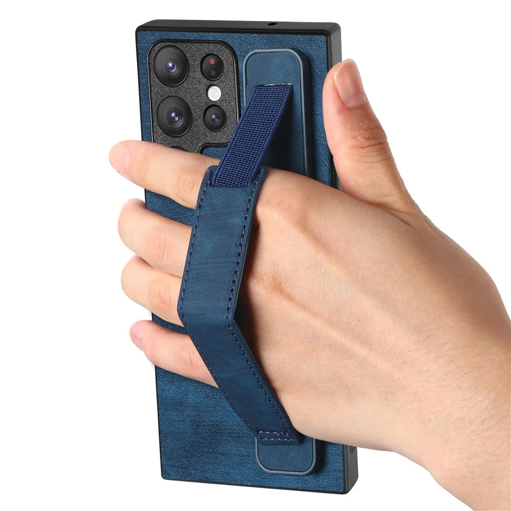 D11 For Samsung Galaxy S22 Ultra 5G Case Wristband Kickstand Leather Coated TPU Protective Cover - Blue - 3
