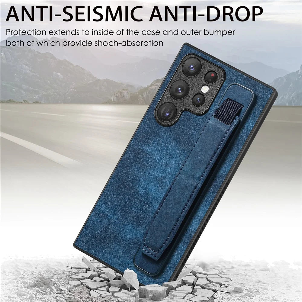 D11 For Samsung Galaxy S22 Ultra 5G Case Wristband Kickstand Leather Coated TPU Protective Cover - Blue - 5