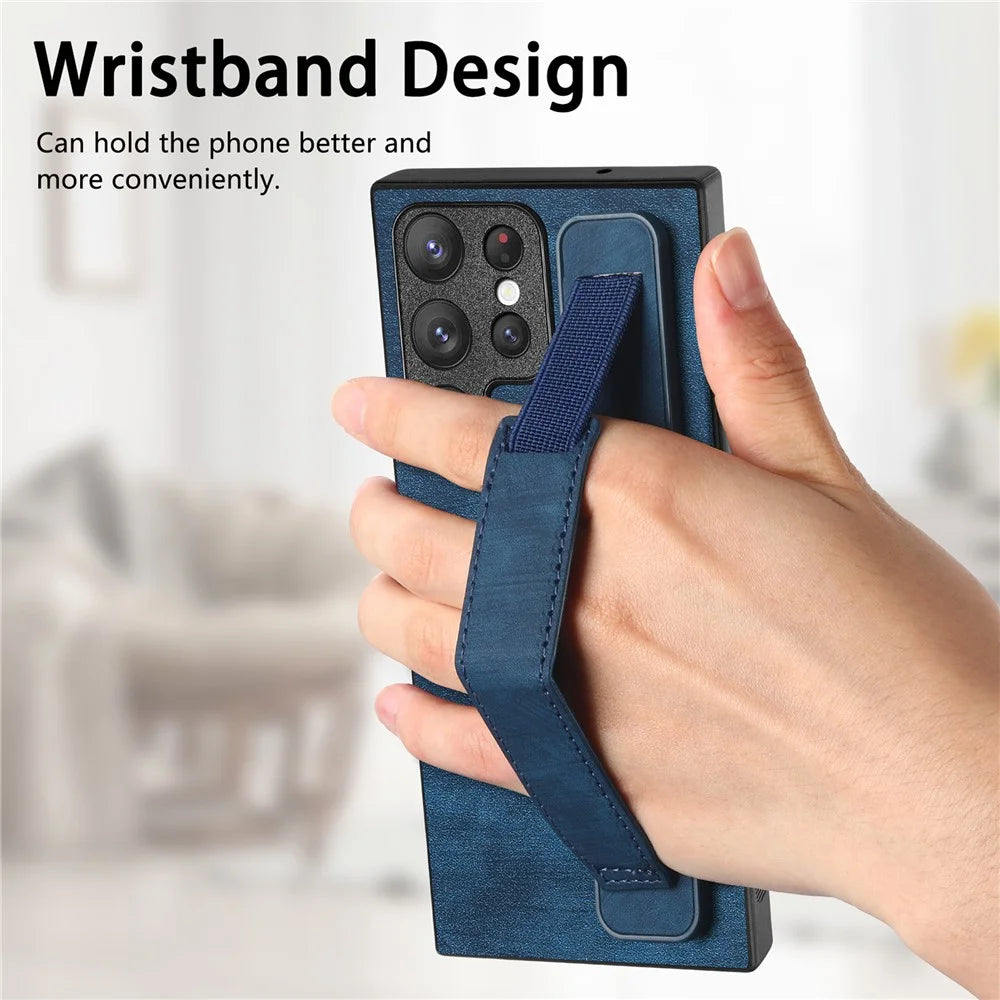 D11 For Samsung Galaxy S22 Ultra 5G Case Wristband Kickstand Leather Coated TPU Protective Cover - Blue - 6