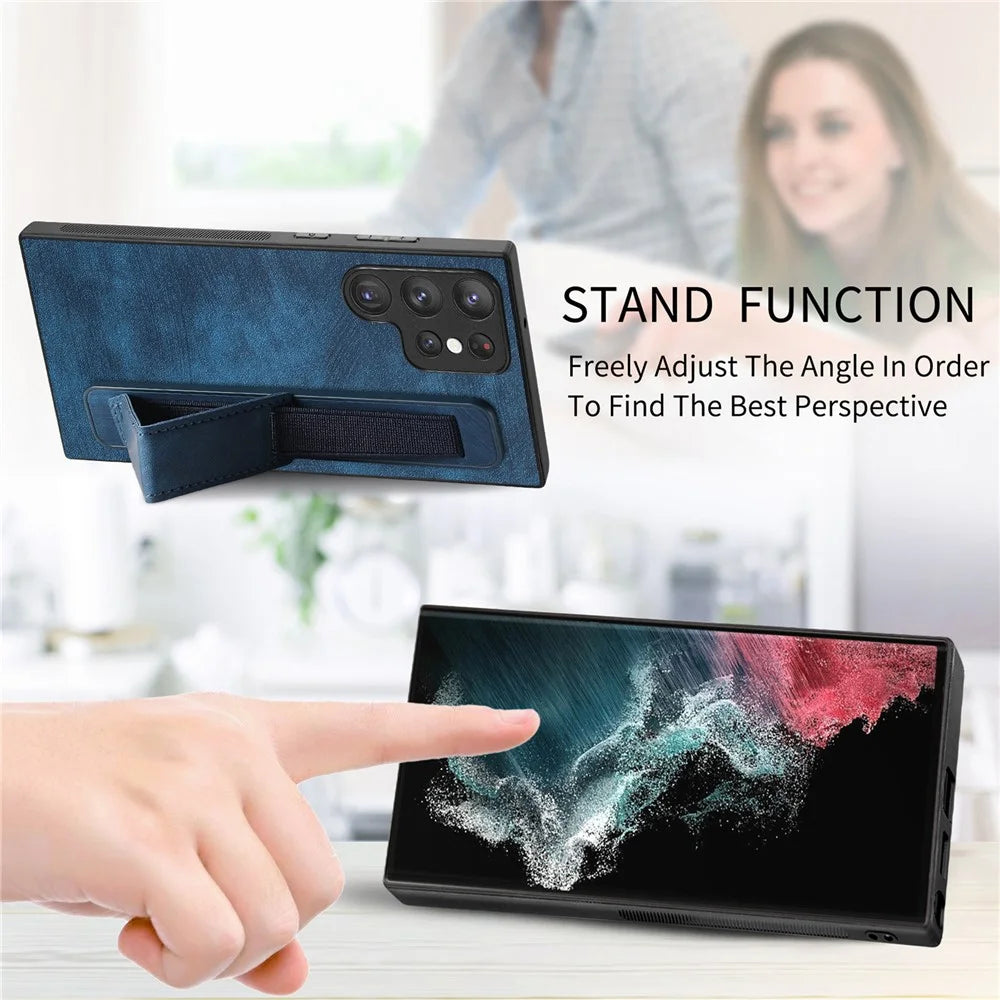 D11 For Samsung Galaxy S22 Ultra 5G Case Wristband Kickstand Leather Coated TPU Protective Cover - Blue - 7