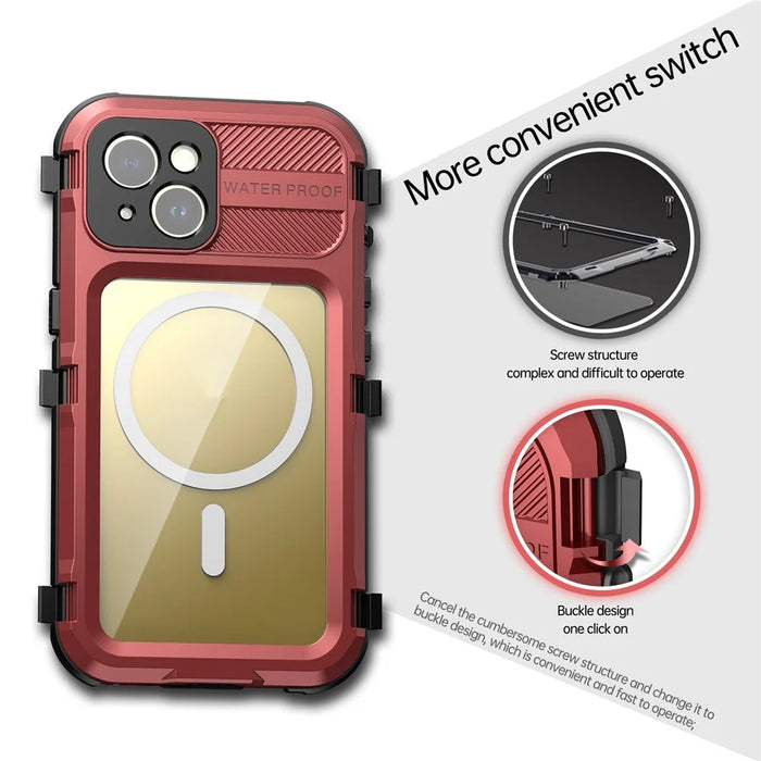 SHELLBOX M Series Metal IP68 Diving Case for iPhone 15 Waterproof Case Compatible with MagSafe - Red - 6