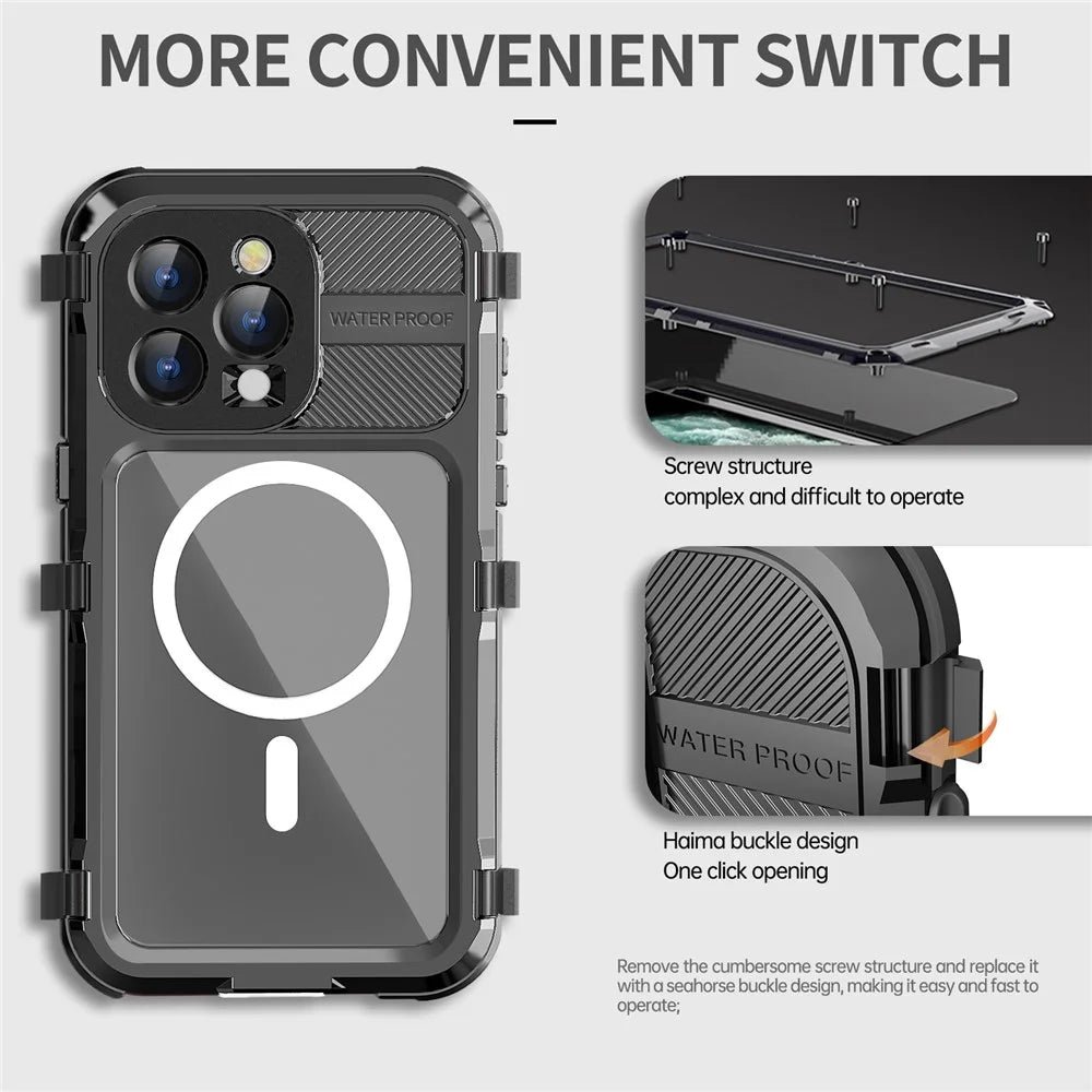 SHELLBOX M Series for iPhone 15 Pro Waterproof Case Compatible with MagSafe Aluminum Alloy IP68 Diving Case - Black - 3