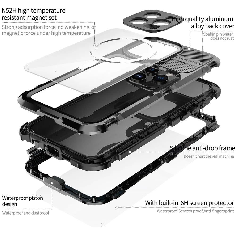 SHELLBOX M Series IP68 Waterproof Case for iPhone 15 Pro Max Case Metal Diving Phone Case Compatible with MagSafe - Black - 6