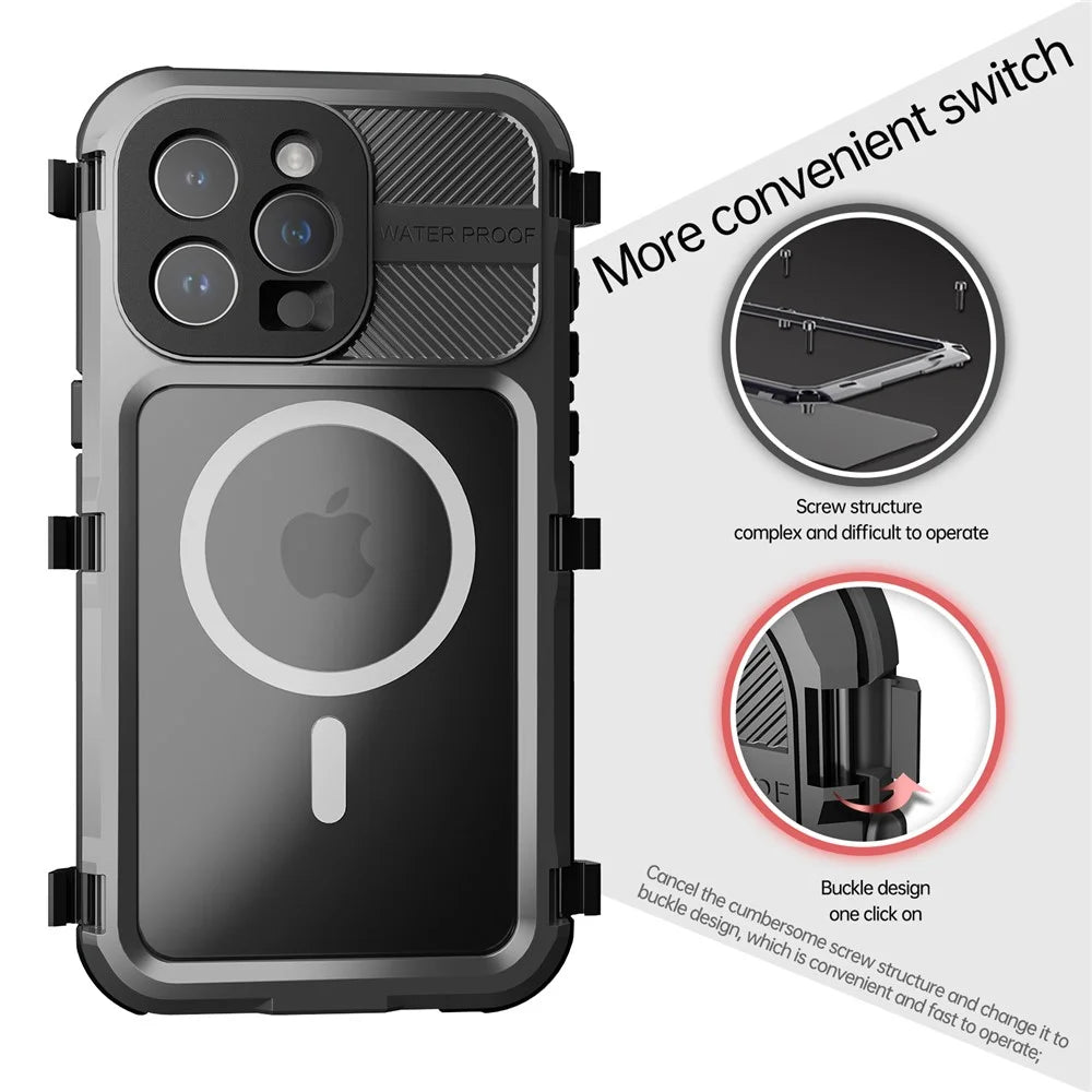 SHELLBOX M Series IP68 Waterproof Case for iPhone 15 Pro Max Case Metal Diving Phone Case Compatible with MagSafe - Black - 7