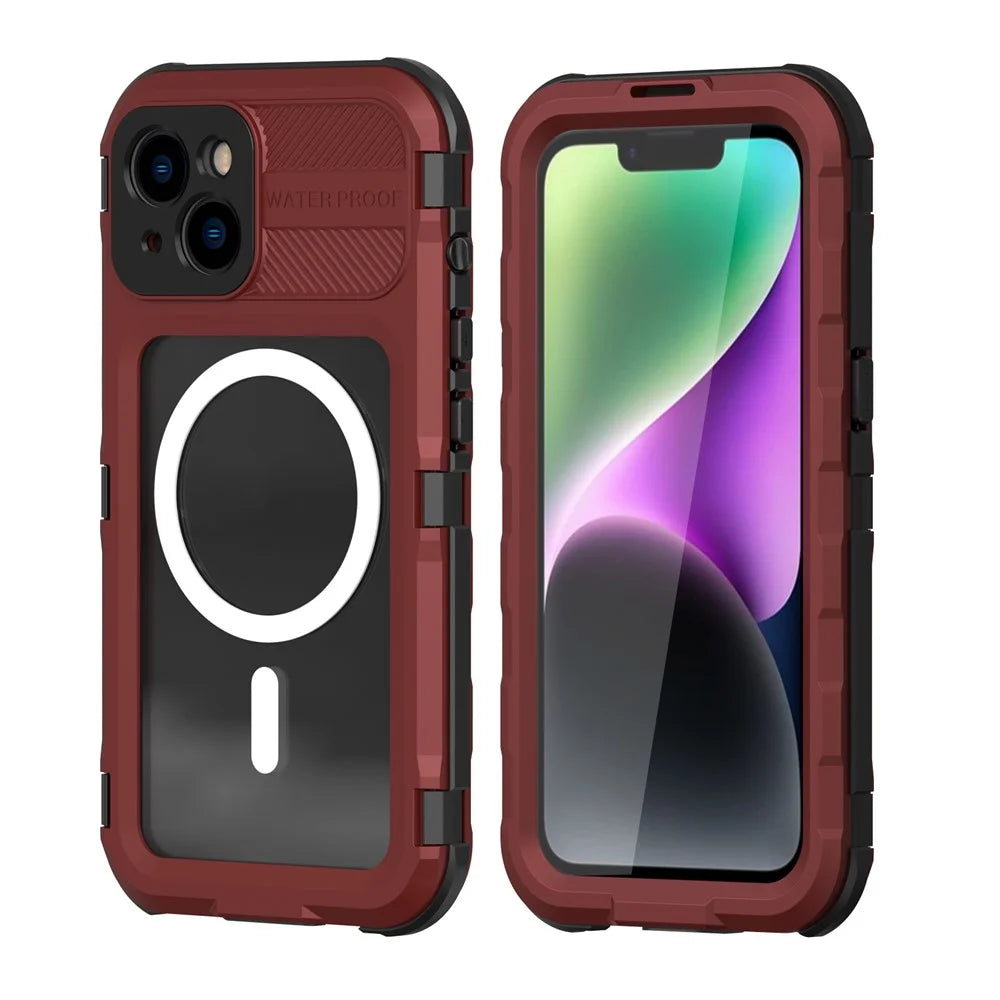 SHELLBOX M Series Diving Phone Case for iPhone 14 Metal IP68 Waterproof Case Compatible with MagSafe - Red - 1