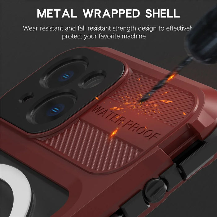 SHELLBOX M Series Diving Phone Case for iPhone 14 Metal IP68 Waterproof Case Compatible with MagSafe - Red - 5