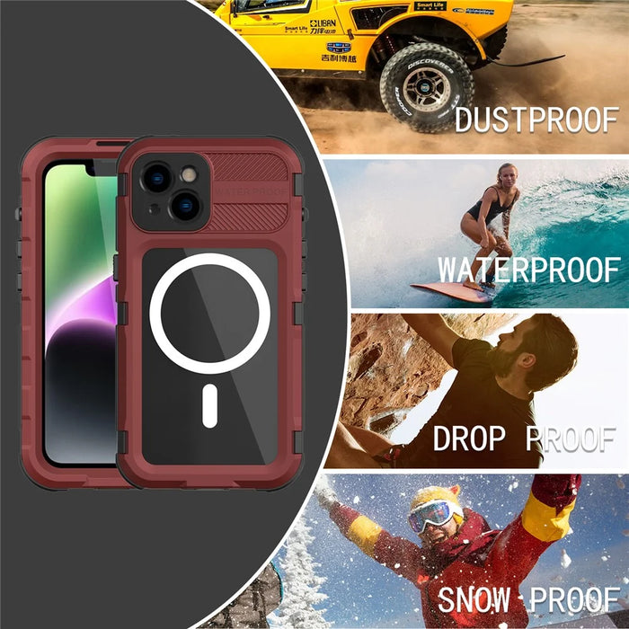 SHELLBOX M Series Diving Phone Case for iPhone 14 Metal IP68 Waterproof Case Compatible with MagSafe - Red - 7