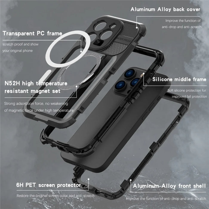 SHELLBOX M Series Metal IP68 Waterproof Case for iPhone 14 Pro Diving Phone Case Compatible with MagSafe - Black - 7