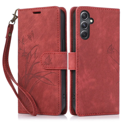 For Samsung Galaxy A25 5G (Global) (161.0 x 76.5 x 8.3mm) Magnetic Phone Case Orchid Butterfly Pattern Card Slots Wallet Cover - Red - 1