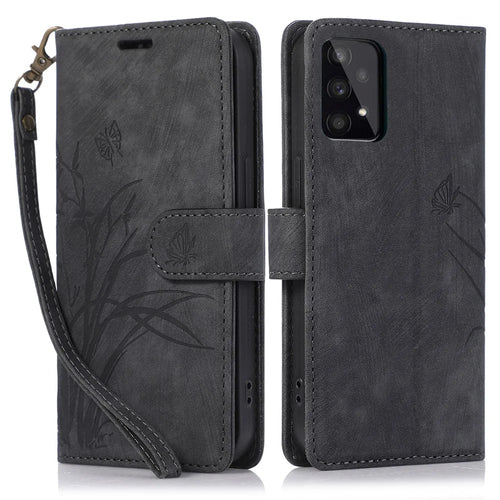For Samsung Galaxy A73 5G Case Wallet Leather Cover Orchid Butterfly Pattern - Black - 1