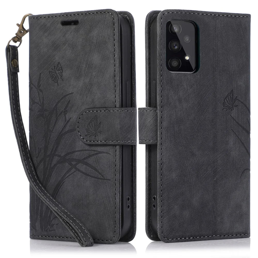 For Samsung Galaxy A73 5G Case Wallet Leather Cover Orchid Butterfly Pattern - Black - 1