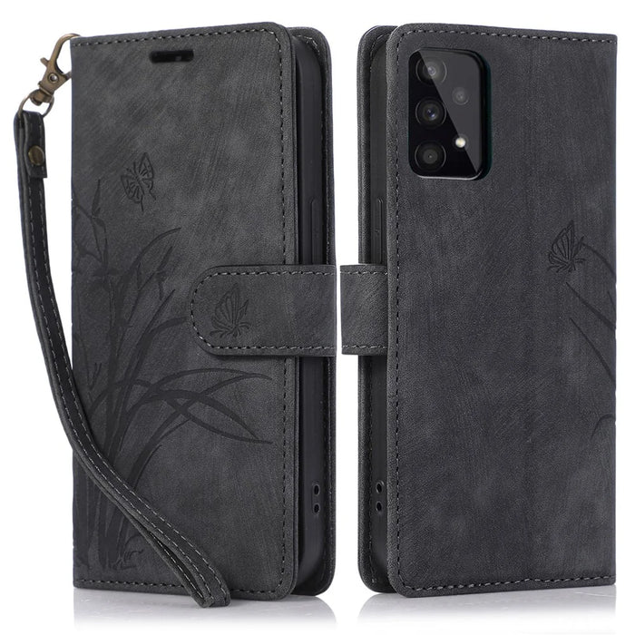 For Samsung Galaxy A73 5G Case Wallet Leather Cover Orchid Butterfly Pattern - Black - 1