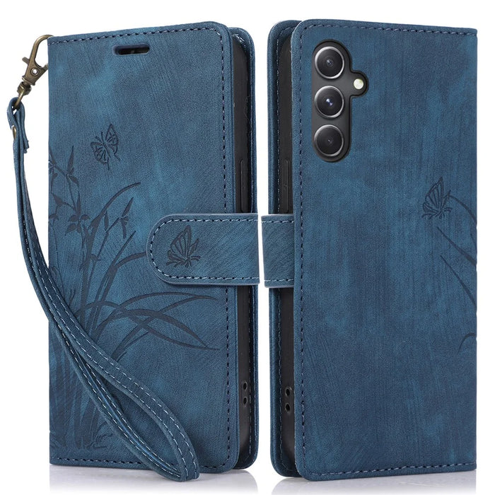 For Samsung Galaxy A05s 4G Leather Case with Strap Orchid Butterfly Pattern - Blue - 1