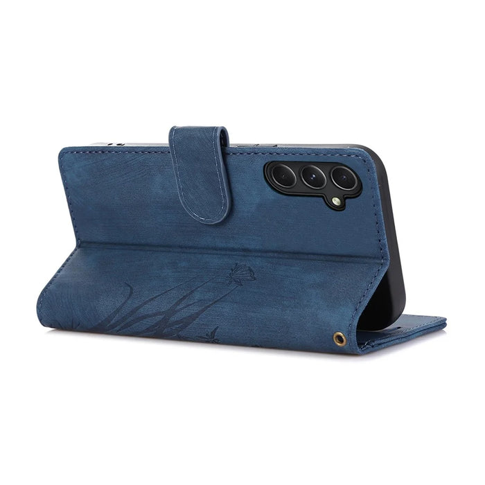 For Samsung Galaxy A05s 4G Leather Case with Strap Orchid Butterfly Pattern - Blue - 3
