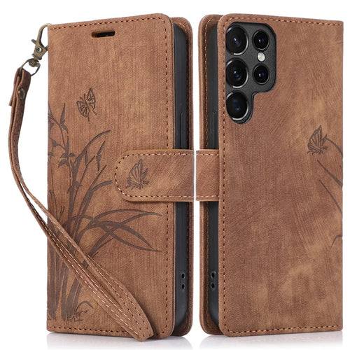 For Samsung Galaxy S23 Ultra Phone Case Imprinted Orchid Butterfly Flip Wallet Cover - Brown - 1